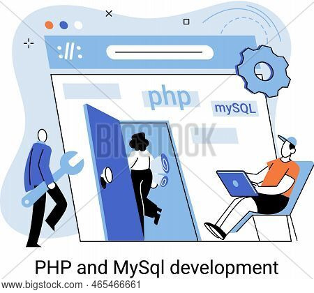 Php And Mysql Development Metaphor. Software Website Developer With Computer, Programmer Service, Op