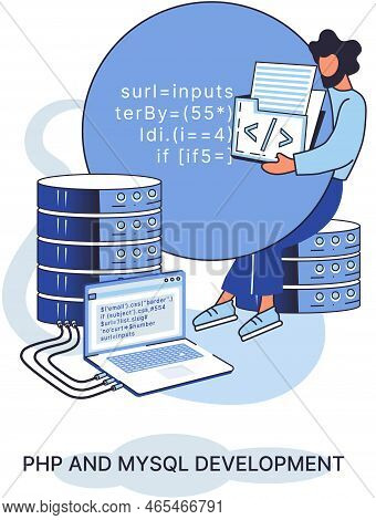 Php And Mysql Development Concept. Software Website Developer With Computer, Programmer Service, Ope