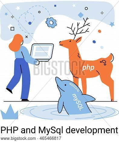 Php And Mysql Development Metaphor. Software Website Developer With Computer, Programmer Service, Op