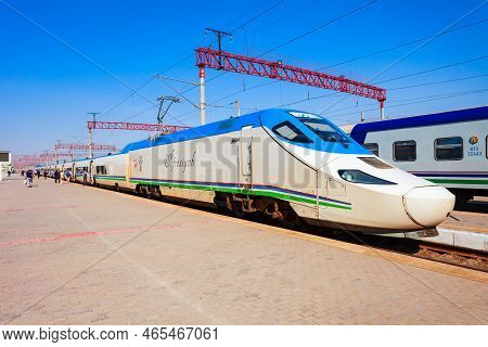 Bukhara, Uzbekistan - April 16, 2021: Afrosiyob Or Afrosiab Is A High Speed Electric Train Operated 