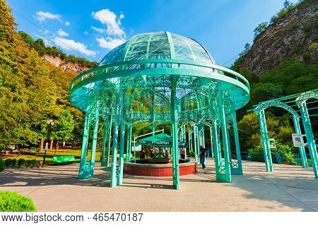 Borjomi, Georgia - September 01, 2021: Glass Pavilion Above Hot Spring Of Mineral Water In Borjomi C