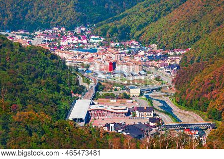 Rosa Khutor Village Aerial Panoramic View. Rosa Khutor Is An Alpine Ski Resort Located Near Krasnaya