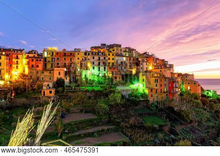Corniglia, Italy In The Cinque Terre Region In Autumn At Dusk.
