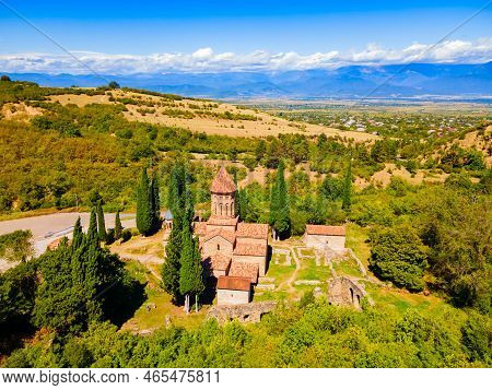 Ikalto Monastery Complex Aerial Panoramic View In Kakheti. Kakheti Is A Region In Eastern Georgia Wi