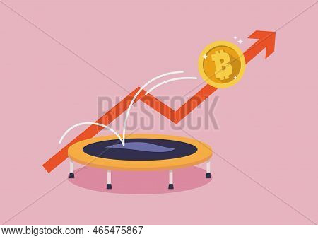 Golden Bitcoin Bounce Back On The Trampoline. Bitcoin Price Rebound. Vector Illustration