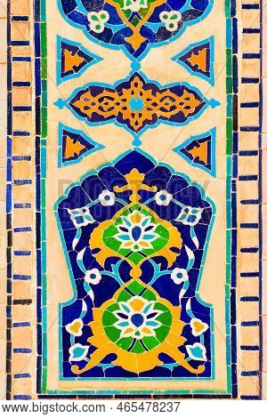 Registan Mosaic Pattern Design Background Of Ceramic Tiles Of Registan Madrasah In Samarkand City, U