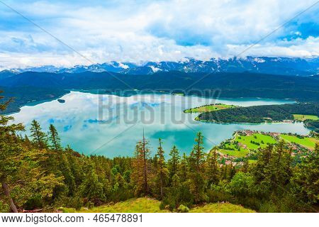 Walchensee Aerial Panoramic View From Herzogstand Viewpoint. Walchensee Or Lake Walchen Is One Of Th