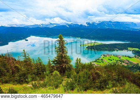 Walchensee Aerial Panoramic View From Herzogstand Viewpoint. Walchensee Or Lake Walchen Is One Of Th