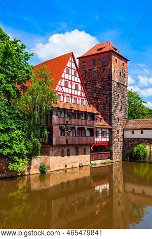 Wasserturm Tower, Weinstadel Medieval House And Henkerbrucke Bridge At Pegnitz River In Nuremberg Ol