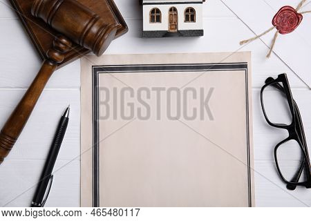 Flat Lay Composition With Last Will And Testament On White Wooden Table