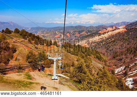 Cable Car To The Beldersay Mountain In Chimgan Region Near Taskent City In Uzbekistan In Spring