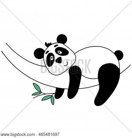 Cute Panda Character. Panda Lies On Tree Isolated Vector Illustration. Black And White Bear Resting.