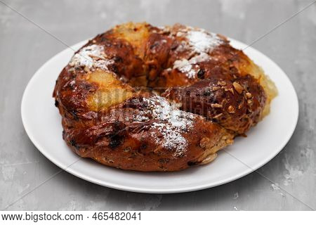 Typical Portuguese Fruit Cake Bolo Rainha On White Plate