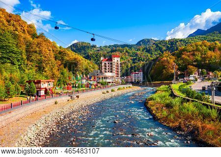 Mzymta River Embankment In Rosa Khutor. Roza Khutor Is An Alpine Ski Resort Located Near Krasnaya Po