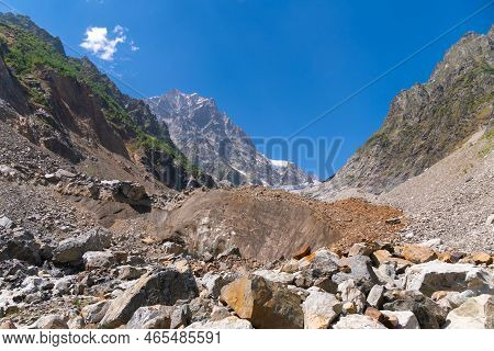 Chalaadi Glacier With Turquoise Ice On A Sunny Bright Day, Mestia, Georgia. Beautiful Mountain Lands