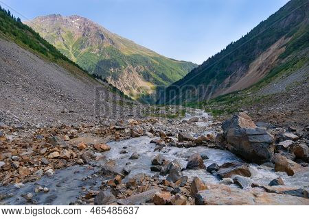 Beautiful Mountainous Area Near Chalaadi Glacier On A Sunny Bright Day, Mestia, Georgia. Mountain La