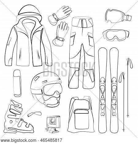 Set Of Winter Sport.ski Equipment Collection Vector Illustration.skiing Accessories Line Drawing .sk