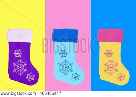 Contemporary Artbackground With Colored Christmas Attributes. Concept Of Holidays, Party, 2023 New Y