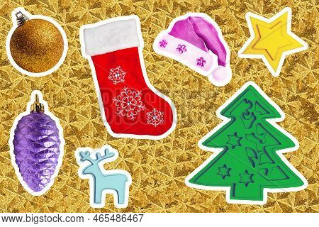 Contemporary Artbackground With Colored Christmas Attributes. Concept Of Holidays, Party, 2023 New Y