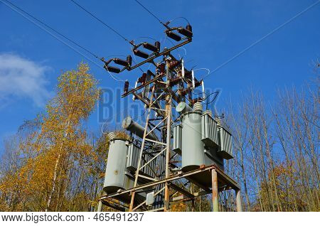Transformer With Fuses Against Lightning Strikes. Glass Tubes Will Crack In Case Of Overvoltage. The