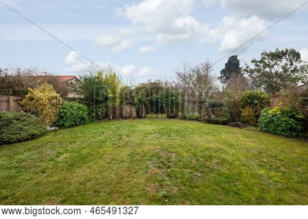 Fen Ditton, England - Jan 10 2019: Simply Landscaped And Easily Maintained Winter Garden With Lawn A