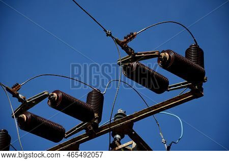 Transformer With Fuses Against Lightning Strikes. Glass Tubes Will Crack In Case Of Overvoltage. The