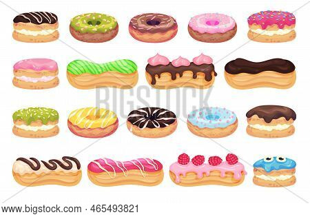 Donuts And Eclair As Choux Dough Pastry With Cream Filling And Sugar Glaze Big Vector Set