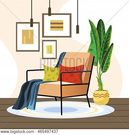 Illustration Of Cute Minimalistic Interior With  Modern Armchair, Flower In Pot And Paintings. Vecto