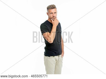 Charismatic Mature Grizzled Man Isolated On White Background. Grizzled Man In Casual Tshirt.