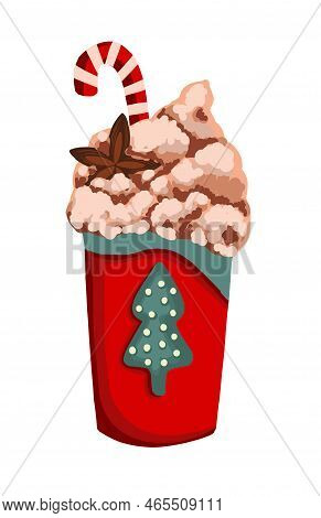 Corporate Postcard For Coffee Bar. Cappuccino Or Frapuccino In A Red Glass. Hand Drawn Vector Illust