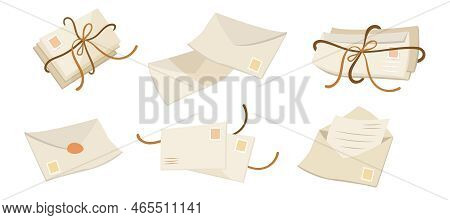 Tied Letters With Postage Stamps Vector Illustrations Set. Closed And Open Envelopes With Paper Isol