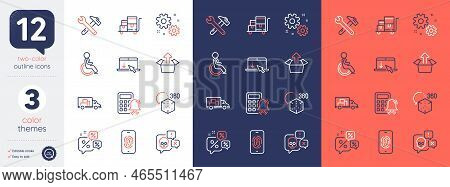 Set Of Discounts Chat, Disability And Truck Transport Line Icons. Include Scroll Down, Augmented Rea