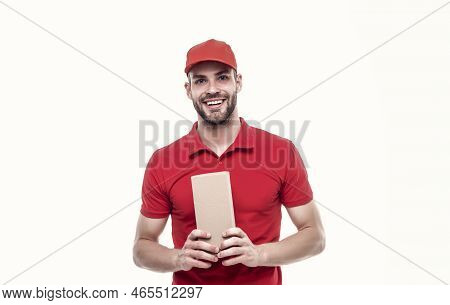 Promised Quality Service. Man Delivery Service. Happy Guy Hold Parcel Isolated On White. Express Cou