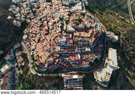 Aerial Shot, Drone Point O View Picturesque Spanish Hillside White-washed Village Of Mojacar Surroun