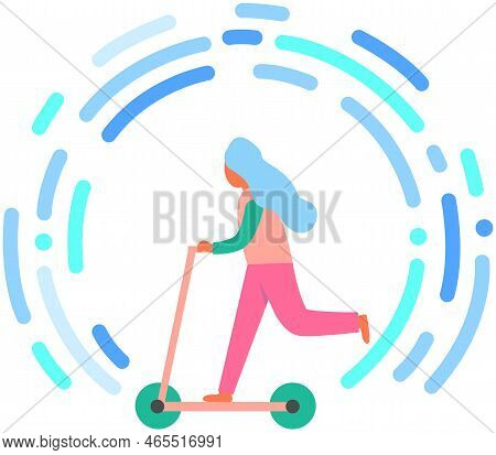Woman Riding Kick Scooter, Girl With Fast Modern Electric Bicycle. Enjoying Futuristic Bike Ride, El