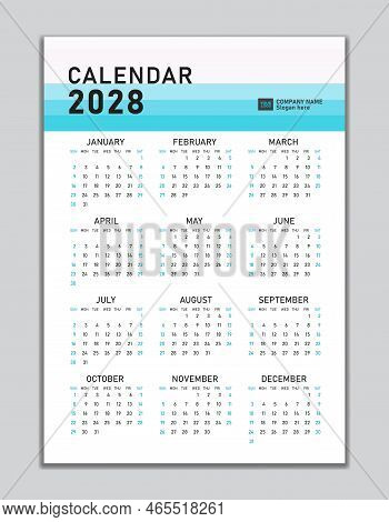 Wall Calendar 2028 Template, Desk Calendar 2028 Design, Week Start Sunday, Business Flyer, Set Of 12