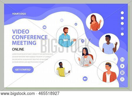 Video Conference Meeting Landing Page Template. Work Colleagues Chat Online, Distance Learning. Tech