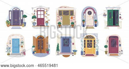 House Doors Vector Set, Vintage Doorway Front Entrance, Wooden Entry With Glass Window, Frame And Do