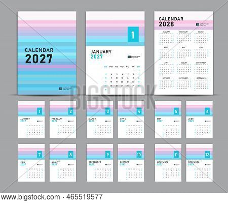 Calendar 2027 Template Set And 2028 Year Pastel Concept, Wall Calendar 2027, Desk Calendar 2027 Set,