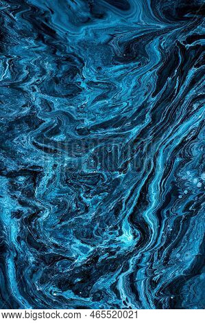 Free Flowing Blue And Black Acrylic Paint. Random Waves And Curls. Abstract Marble Background, Textu