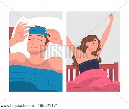 Man And Woman Character Waking Up Feeling Happy Stretching Out In Bed Ready To Get Up In The Morning