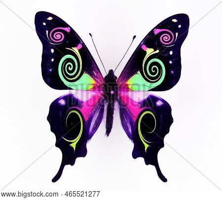 Design Element, Unusual Chinese Style Fantastic Butterfly, Purple Violet Green  Swirl Patterns Isola