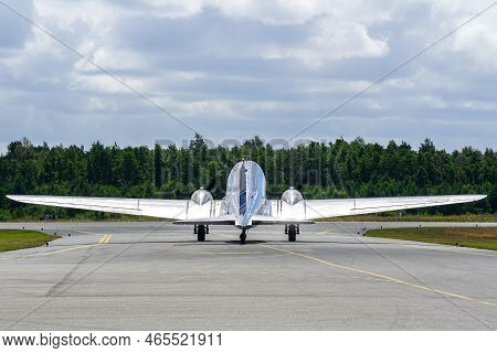 Liepaja, Latvia - August 07, 2022: Douglas Dc3 Plane Before Taking Off From An Airport Runway, Rear 