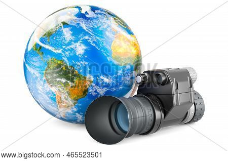 Night Vision Monocular With Earth Globe, 3d Rendering Isolated On White Background
