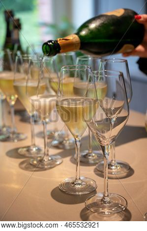 Tasting Of Brut And Reserve Champagne Sparkling Wine Produced By Traditional Method In Underground C