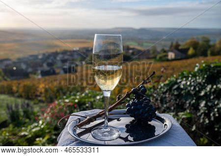 Tasting Of Premier Cru Sparkling White Wine With Bubbles Champagne On Outdoor Terrace With View On C