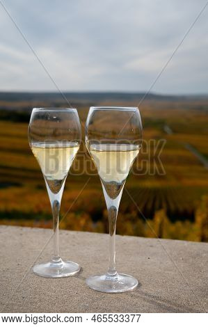 Tasting Of White Brut Champagne Wine Outdoor With View On Colorful Autumn Pinot Noir Grand Cru Viney