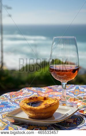 Portugal's Traditional Food And Drink, Glass Of Porto Wine Or Muscatel De Setubal And Sweet Dessert