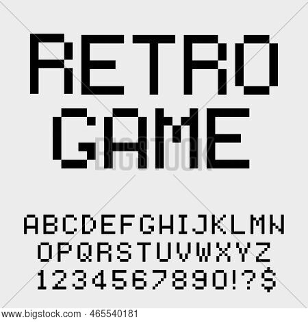 Retro Game Pixel Art Font. Pixelated Text Alphabet Letters And Numbers, One Pixel Typography Style V