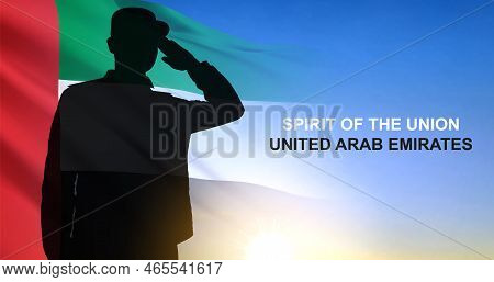 Silhouette Of Saluting Soldier With United Arab Emrates Flag. National Holidays Background. Eps10 Ve